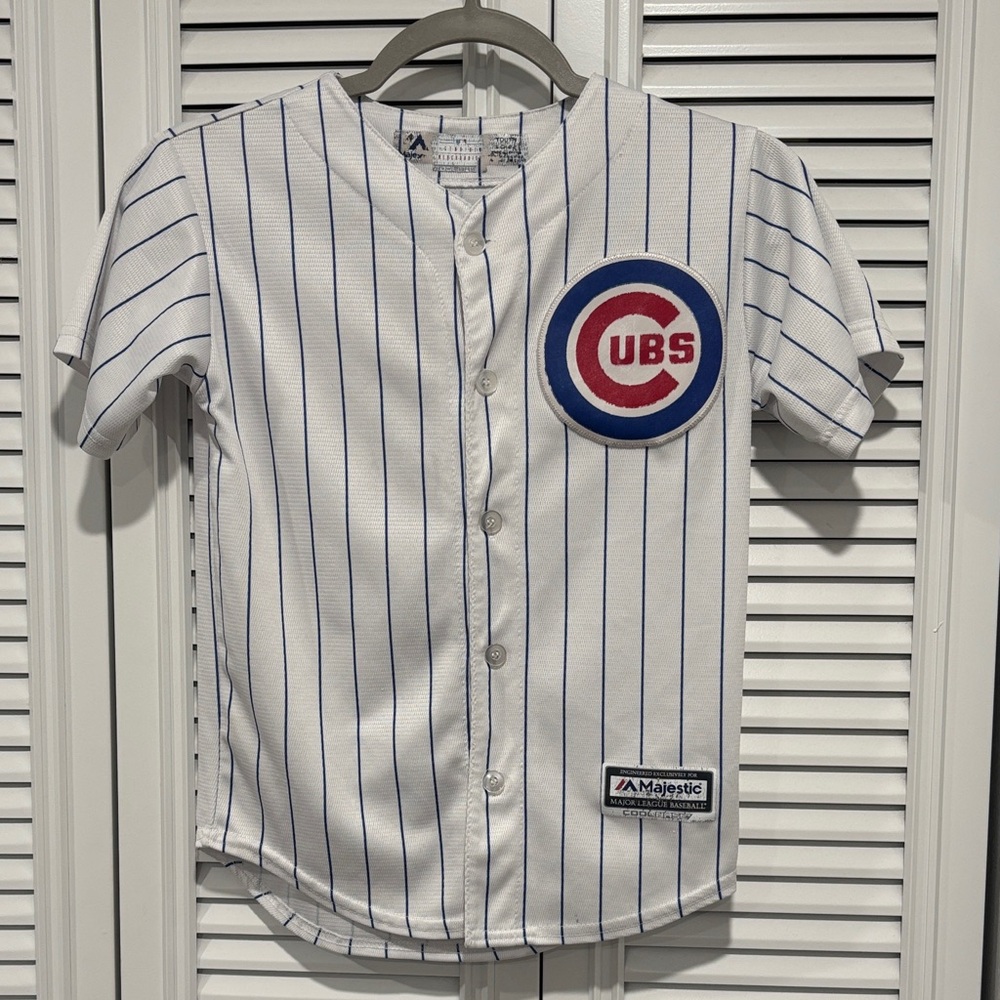 Majestic Kids White and Blue Striped Cubs Button Down Shirt